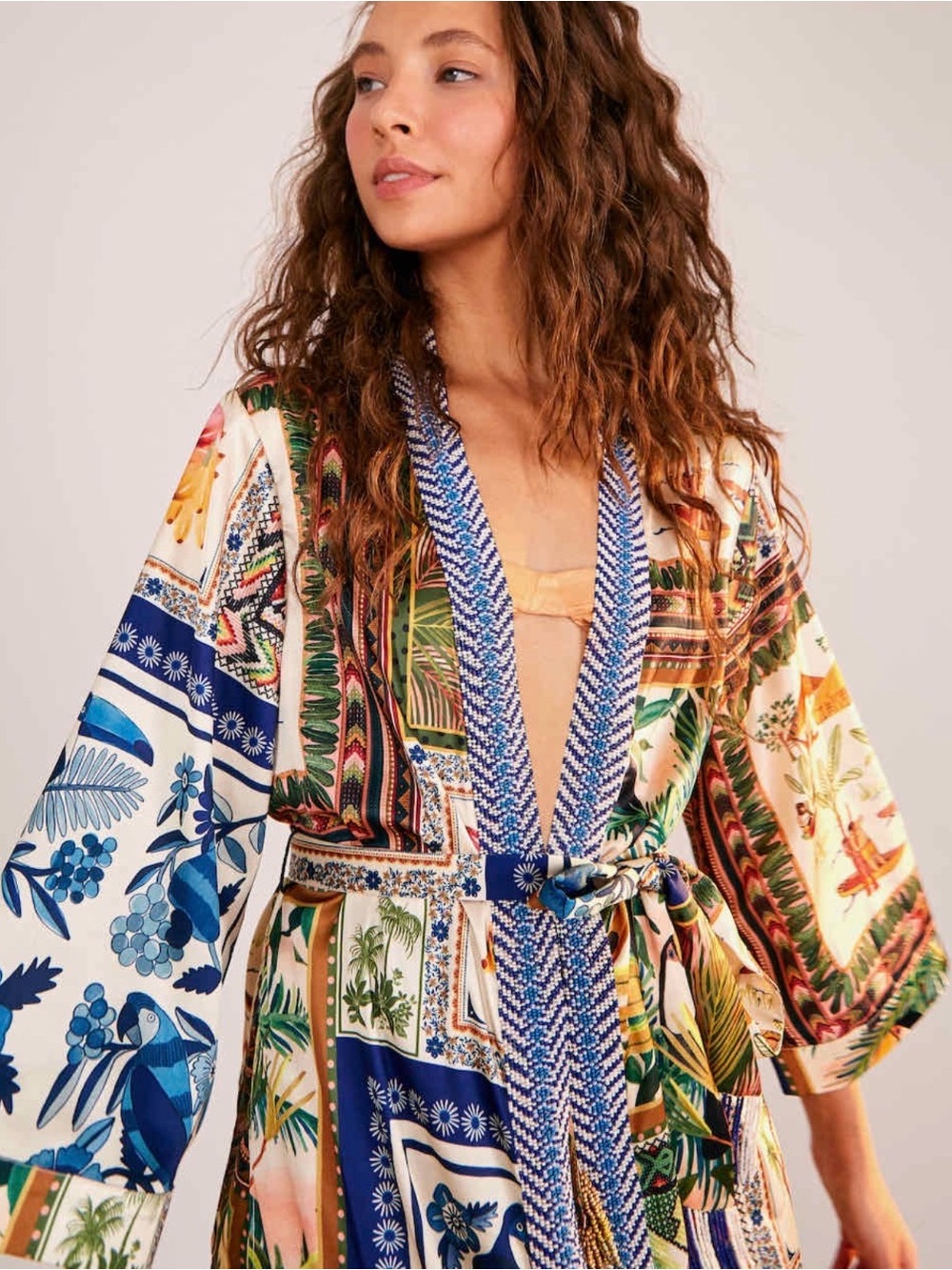 FARM Rio Multicolor Botanical Patchwork Satin Robe with Blue Trim
